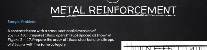 METAL REINFORCEMENT
Sample Problem:
A concrete beam with a cross-sectional dimension of
25cm x 40cm requires 10mm open stirrups spaced as shown in
Figure 3-17. Prepare the order of 10mm steel bars for stirrups
of 8 beams with the same category.