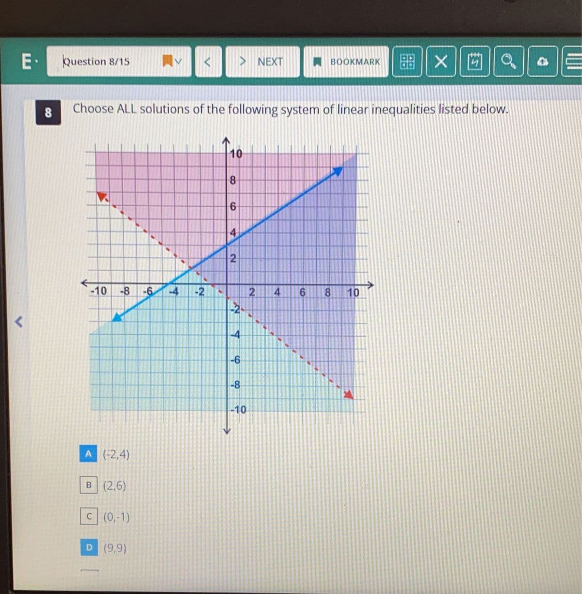 E.
r
8
Question 8/15
-10 -8 -6 -4 -2
A (-2,4)
Choose ALL solutions of the following system of linear inequalities listed below.
110
B (2,6)
C (0,-1)
(9,9)
8
6
4
> NEXT
2
प
-6
-8
-10
2
BOOKMARK
4
X 5
6 8 10