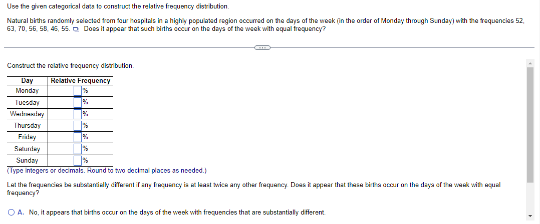 Use the given categorical data to construct the relative frequency distribution.
Natural births randomly selected from four hospitals in a highly populated region occurred on the days of the week (in the order of Monday through Sunday) with the frequencies 52,
63, 70, 56, 58, 46, 55. Does it appear that such births occur on the days of the week with equal frequency?
Construct the relative frequency distribution.
Day Relative Frequency
Monday
Tuesday
Wednesday
Thursday
Friday
%
%
%
%
%
%
%
Saturday
Sunday
(Type integers or decimals. Round to two decimal places as needed.)
C
Let the frequencies be substantially different if any frequency is at least twice any other frequency. Does it appear that these births occur on the days of the week with equal
frequency?
O A. No, it appears that births occur on the days of the week with frequencies that are substantially different.