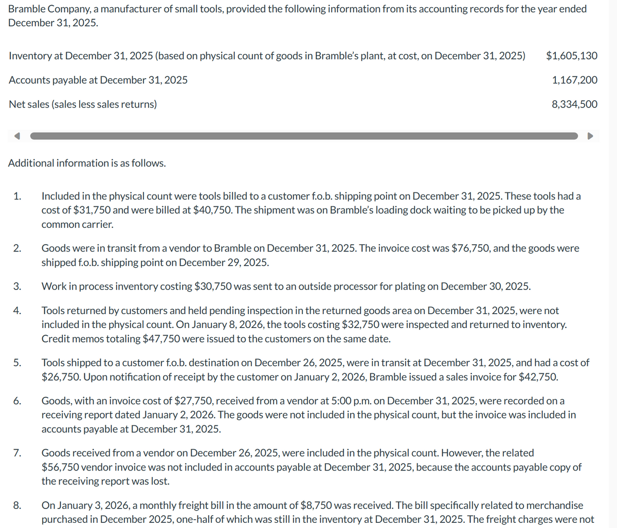 Bramble Company, a manufacturer of small tools, provided the following information from its accounting records for the year ended
December 31, 2025.
Inventory at December 31, 2025 (based on physical count of goods in Bramble's plant, at cost, on December 31, 2025)
Accounts payable at December 31, 2025
Net sales (sales less sales returns)
Additional information is as follows.
1.
2.
3.
4.
5.
6.
7.
8.
$1,605,130
1,167,200
8,334,500
Included in the physical count were tools billed to a customer f.o.b. shipping point on December 31, 2025. These tools had a
cost of $31,750 and were billed at $40,750. The shipment was on Bramble's loading dock waiting to be picked up by the
common carrier.
Goods were in transit from a vendor to Bramble on December 31, 2025. The invoice cost was $76,750, and the goods were
shipped f.o.b. shipping point on December 29, 2025.
Work in process inventory costing $30,750 was sent to an outside processor for plating on December 30, 2025.
Tools returned by customers and held pending inspection in the returned goods area on December 31, 2025, were not
included in the physical count. On January 8, 2026, the tools costing $32,750 were inspected and returned to inventory.
Credit memos totaling $47,750 were issued to the customers on the same date.
Tools shipped to a customer f.o.b. destination on December 26, 2025, were in transit at December 31, 2025, and had a cost of
$26,750. Upon notification of receipt by the customer on January 2, 2026, Bramble issued a sales invoice for $42,750.
Goods, with an invoice cost of $27,750, received from a vendor at 5:00 p.m. on December 31, 2025, were recorded on a
receiving report dated January 2, 2026. The goods were not included in the physical count, but the invoice was included in
accounts payable at December 31, 2025.
Goods received from a vendor on December 26, 2025, were included in the physical count. However, the related
$56,750 vendor invoice was not included in accounts payable at December 31, 2025, because the accounts payable copy of
the receiving report was lost.
On January 3, 2026, a monthly freight bill in the amount of $8,750 was received. The bill specifically related to merchandise
purchased in December 2025, one-half of which was still in the inventory at December 31, 2025. The freight charges were not