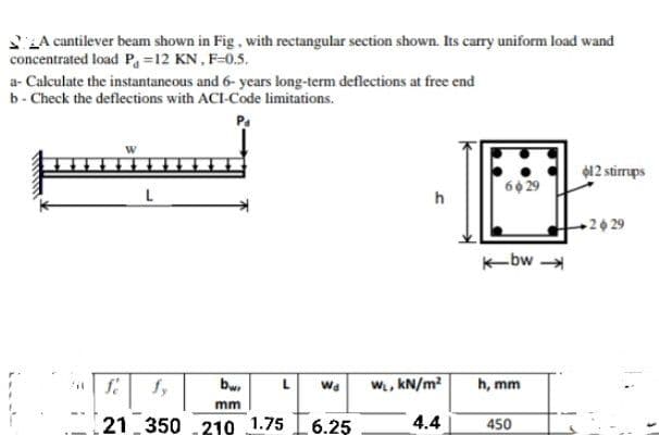 SLA cantilever beam shown in Fig, with rectangular section shown. Its carry uniform load wand
concentrated load Pa 12 KN, F-0.5.
a- Calculate the instantaneous and 6- years long-term deflections at free end
b - Check the deflections with ACI-Code limitations.
12 stirrups
60 29
L
2 29
K-bw
Wa
w, kN/m?
h, mm
mm
21 350 210 1.75
6.25
4.4
450
