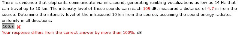 There is evidence that elephants communicate via infrasound, generating rumbling vocalizations as low as 14 Hz that
can travel up to 10 km. The intensity level of these sounds can reach 105 dB, measured a distance of 4.7 m from the
source. Determine the intensity level of the infrasound 10 km from the source, assuming the sound energy radiates
uniformly in all directions.
100.5 X
Your response differs from the correct answer by more than 100%. dB