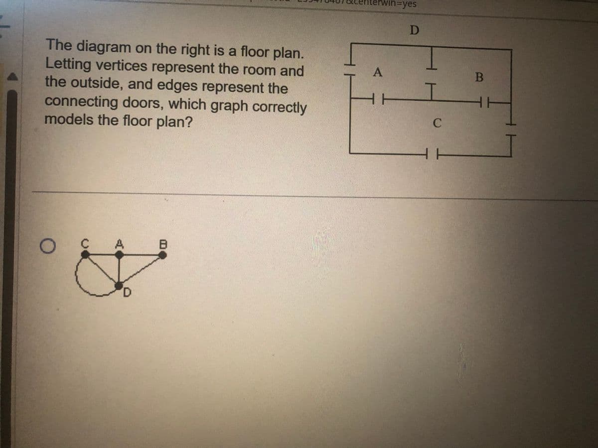 The diagram on the right is a floor plan.
Letting vertices represent the room and
the outside, and edges represent the
connecting doors, which graph correctly
models the floor plan?
O
A
D
B
rwin =yes
A
I
HH
D
C
ㅓㅏ
B
11