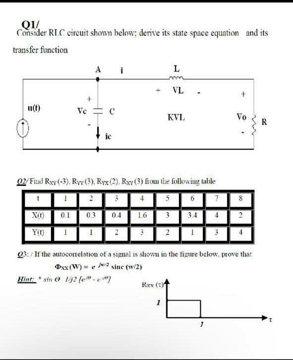 Q1/
Consider RIL.C eireuit shown below; derive its state space equation and its
transfer function
A
L
VL .
u(t)
Ve = C
KVL
Vo
R
ic
02/ Find Ryy (-3), Ry (3), Ryx (2), Rxy (3) fiom the following table
1 2 3 4
5
6
7
8
X(t)
0.1
0.3
0.4
1.6
3
34
4
Y(t)
Q3: / If the autocorrelation of a signal is shown in the figure below, prove that
Oxx (W) = e Jw2 sinc (w/2)
%3D
Hint: * sin e lij2 [e - ee]
Rrx (t)
1
