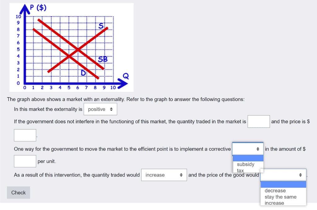 P ($)
10
9
8
7
6
5
4
3
2
1
0
0 1 2 3 4 5 6 7 8 9 10
X
The graph above shows a market with an externality. Refer to the graph to answer the following questions:
In this market the externality is positive
If the government does not interfere in the functioning of this market, the quantity traded in the market is
One way for the government to move the market to the efficient point is to implement a corrective
Check
per unit.
As a result of this intervention, the quantity traded would increase
+
and the price is $
+ in the amount of $
subsidy
tax
and the price of the good would
decrease
stay the same
increase
+