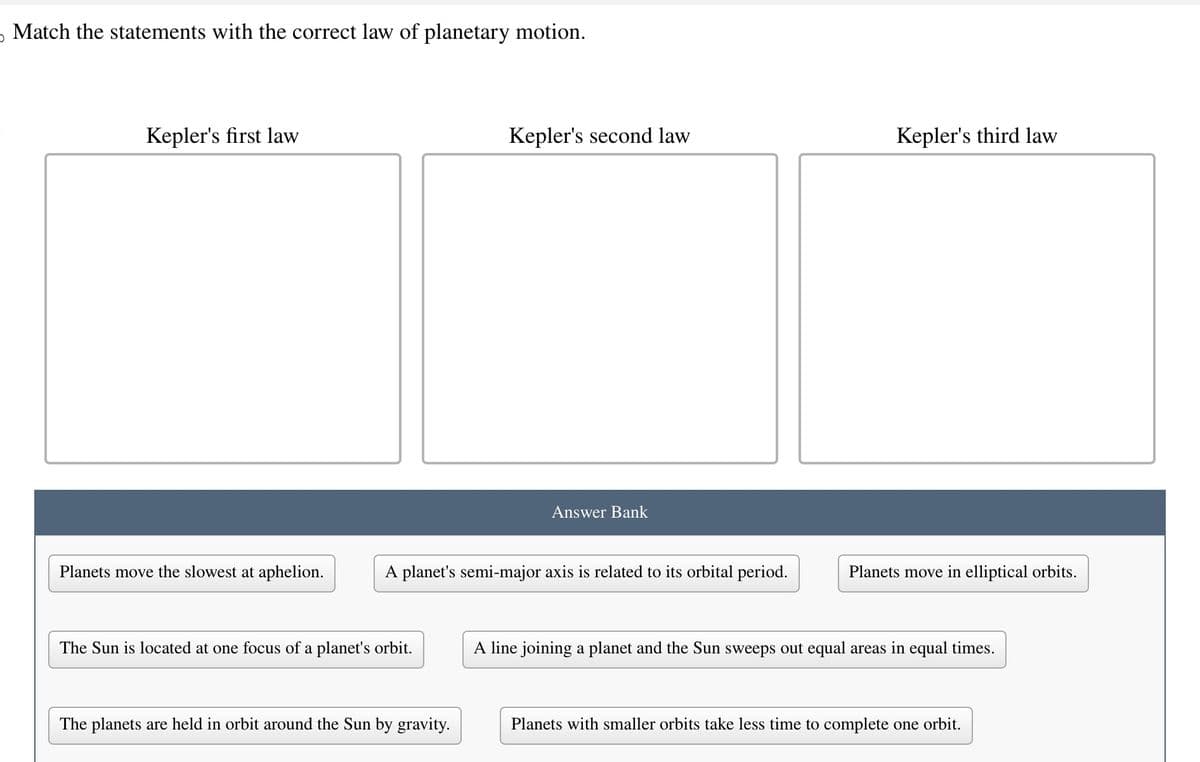 。 Match the statements with the correct law of planetary motion.
Kepler's first law
Kepler's second law
Kepler's third law
Answer Bank
Planets move the slowest at aphelion.
A planet's semi-major axis is related to its orbital period.
Planets move in elliptical orbits.
The Sun is located at one focus of a planet's orbit.
The planets are held in orbit around the Sun by gravity.
A line joining a planet and the Sun sweeps out equal areas in equal times.
Planets with smaller orbits take less time to complete one orbit.