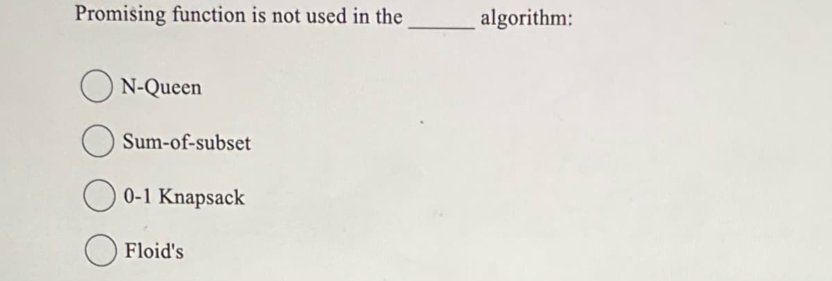 Promising function is not used in the
algorithm:
N-Queen
Sum-of-subset
0-1 Knapsack
Floid's