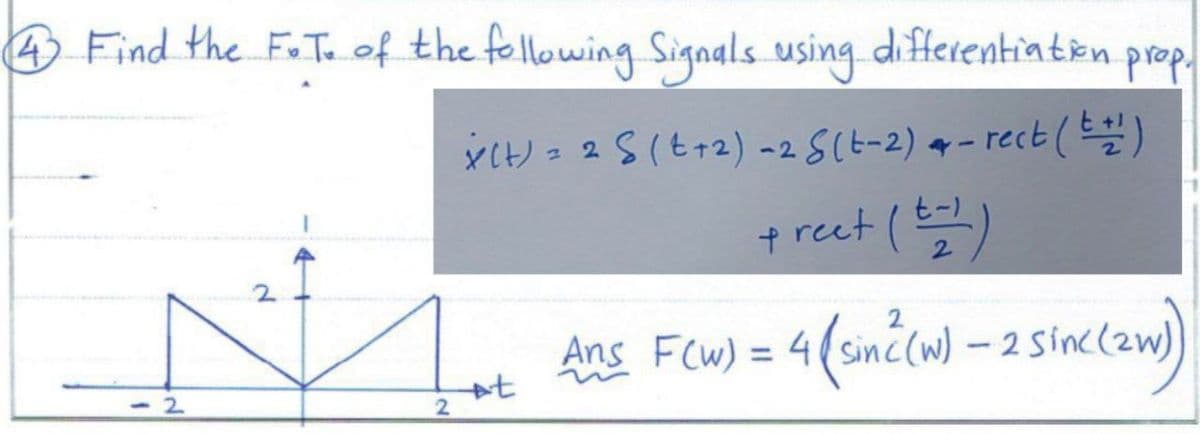 4 Find the F.T. of the following Signals using differentiation.
prop.
X(t) = 2 S (+2) -2 S(t-2) 4-rect (t+¹)
preet (+212)
<-2
d
2
+t
2
Ans F(w) = 4(sinc(w) - 2 Sinc (zw)