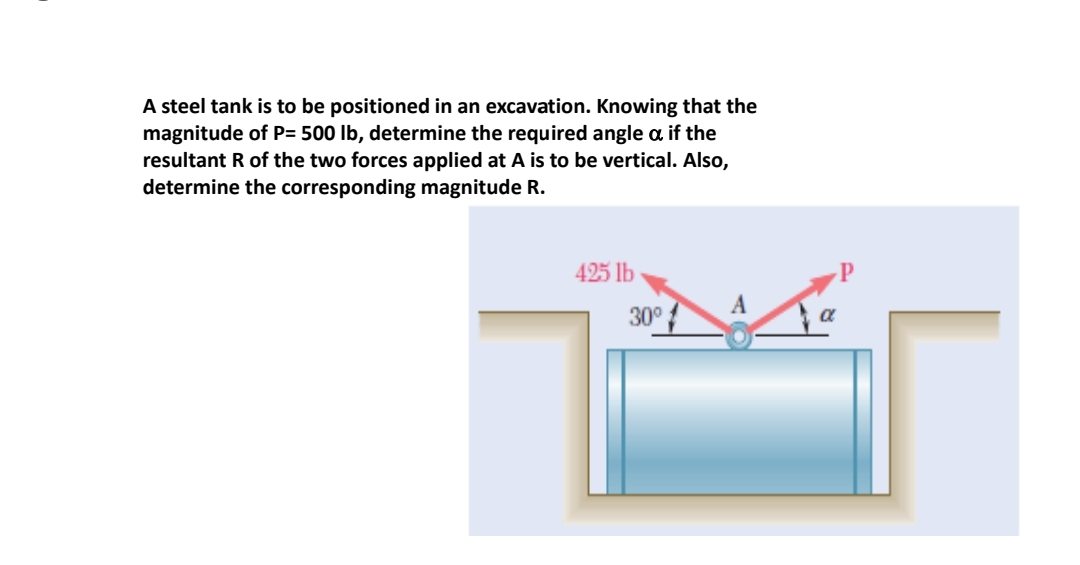 A steel tank is to be positioned in an excavation. Knowing that the
magnitude of P= 500 lb, determine the required angle a if the
resultant R of the two forces applied at A is to be vertical. Also,
determine the corresponding magnitude R.
425 lb
30°
