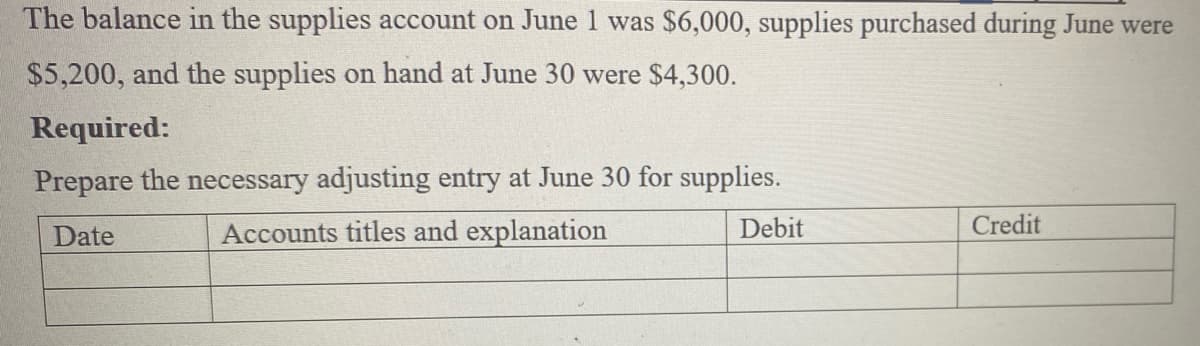 The balance in the supplies account on June 1 was $6,000, supplies purchased during June were
$5,200, and the supplies on hand at June 30 were $4,300.
Required:
Prepare the necessary adjusting entry at June 30 for supplies.
Date
Accounts titles and explanation
Debit
Credit
