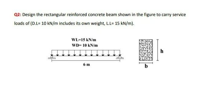 Q2: Design the rectangular reinforced concrete beam shown in the figure to carry service
loads of (D.L= 10 kN/m includes its own weight, L.L= 15 kN/m).
mm
WL=15 kN/m
WD= 10 kN/m
6 m
b