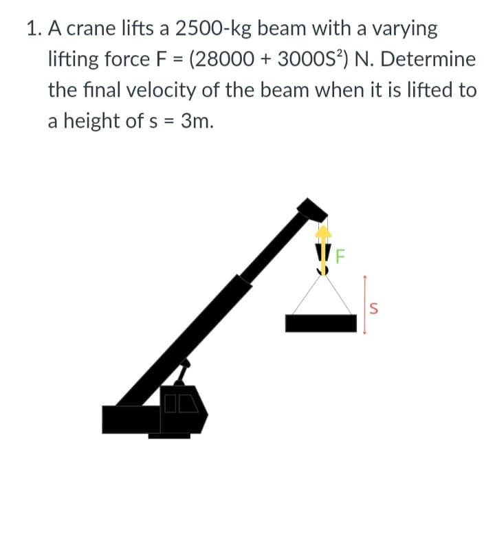 1. A crane lifts a 2500-kg beam with a varying
lifting force F = (28000 + 3000S?) N. Determine
the final velocity of the beam when it is lifted to
a height of s = 3m.
S
