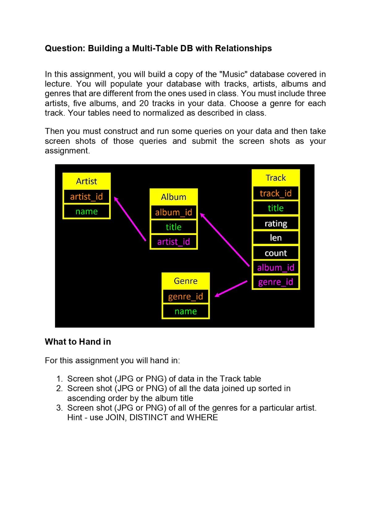 Question: Building a Multi-Table DB with Relationships
In this assignment, you will build a copy of the "Music" database covered in
lecture. You will populate your database with tracks, artists, albums and
genres that are different from the ones used in class. You must include three
artists, five albums, and 20 tracks in your data. Choose a genre for each
track. Your tables need to normalized as described in class.
Then you must construct and run some queries on your data and then take
screen shots of those queries and submit the screen shots as your
assignment.
Artist
artist_id
name
Album
album_id
title
artist_id
Genre
genre_id
name
Track
track_id
title
rating
len
count
album_id
genre_id
What to Hand in
For this assignment you will hand in:
1. Screen shot (JPG or PNG) of data in the Track table
2. Screen shot (JPG or PNG) of all the data joined up sorted in
ascending order by the album title
3. Screen shot (JPG or PNG) of all of the genres for a particular artist.
Hint - use JOIN, DISTINCT and WHERE