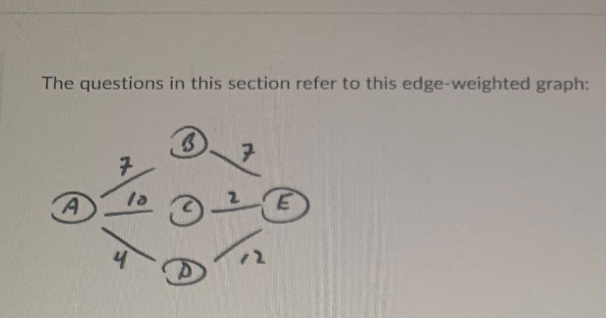 The questions in this section refer to this edge-weighted graph:
A la
4
B
7
3-²
E