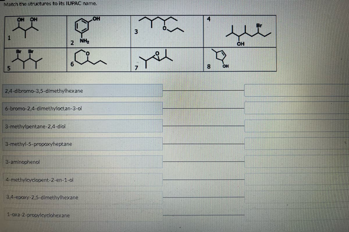 Match the structures to its IUPAC name.
OH OH
잇엇
Br
우우
5
2,4-dibromo-3,5-dimethylhexane
6-bromo-2,4-dimethyloctan-3-ol
3-methylpentane-2,4-diol
2 NH₂
a
3-methyl-5-propoxyheptane
3-aminophenol
4-methylcyclopent-2-en-1-ol
3,4-epoxy-2,5-dimethylhexane
OH
1-oxa-2-propylcyclohexane
3
Yil
7
4
su
OH
14
8
OH