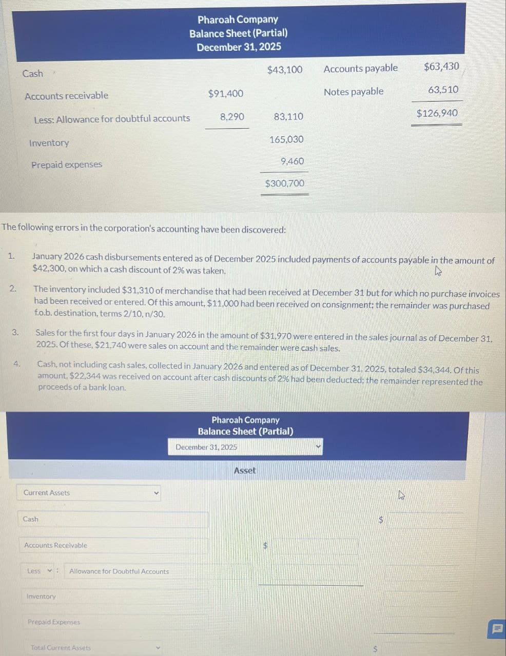 1.
2.
3.
Cash
4.
Accounts receivable
Less: Allowance for doubtful accounts
Inventory
Prepaid expenses
The following errors in the corporation's accounting have been discovered:
Current Assets
Cash
Accounts Receivable
Pharoah Company
Balance Sheet (Partial)
December 31, 2025
Less
$91,400
V: Allowance for Doubtful Accounts
8,290
Inventory
Prepaid Expenses
January 2026 cash disbursements entered as of December 2025 included payments of accounts payable in the amount of
$42,300, on which a cash discount of 2% was taken.
4
Total Current Assets
$43,100
The inventory included $31,310 of merchandise that had been received at December 31 but for which no purchase invoices
had been received or entered. Of this amount, $11,000 had been received on consignment; the remainder was purchased
f.o.b. destination, terms 2/10, n/30.
83,110
Sales for the first four days in January 2026 in the amount of $31,970 were entered in the sales journal as of December 31,
2025. Of these, $21,740 were sales on account and the remainder were cash sales.
165,030
Cash, not including cash sales, collected in January 2026 and entered as of December 31, 2025, totaled $34,344. Of this
amount, $22,344 was received on account after cash discounts of 2% had been deducted: the remainder represented the
proceeds of a bank loan.
9,460
$300,700
December 31, 2025
Asset
Accounts payable
Notes payable
Pharoah Company
Balance Sheet (Partial)
$63,430
63,510
$126,940
$
$