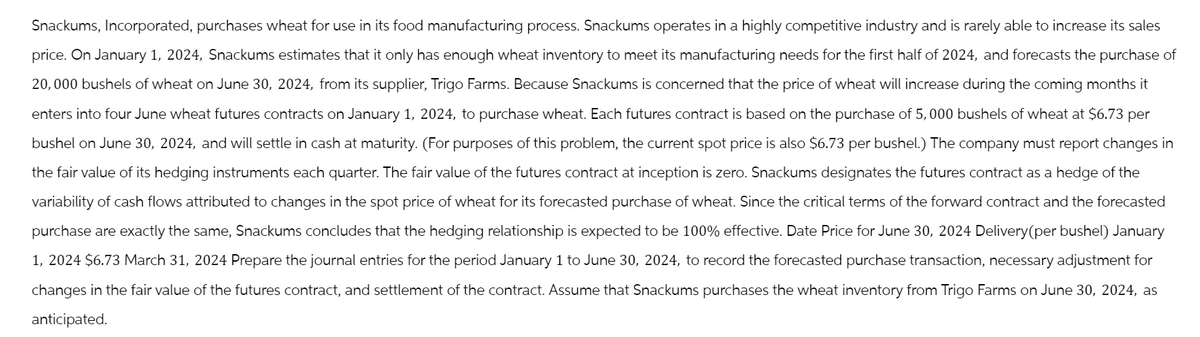 Snackums, Incorporated, purchases wheat for use in its food manufacturing process. Snackums operates in a highly competitive industry and is rarely able to increase its sales
price. On January 1, 2024, Snackums estimates that it only has enough wheat inventory to meet its manufacturing needs for the first half of 2024, and forecasts the purchase of
20,000 bushels of wheat on June 30, 2024, from its supplier, Trigo Farms. Because Snackums is concerned that the price of wheat will increase during the coming months it
enters into four June wheat futures contracts on January 1, 2024, to purchase wheat. Each futures contract is based on the purchase of 5,000 bushels of wheat at $6.73 per
bushel on June 30, 2024, and will settle in cash at maturity. (For purposes of this problem, the current spot price is also $6.73 per bushel.) The company must report changes in
the fair value of its hedging instruments each quarter. The fair value of the futures contract at inception is zero. Snackums designates the futures contract as a hedge of the
variability of cash flows attributed to changes in the spot price of wheat for its forecasted purchase of wheat. Since the critical terms of the forward contract and the forecasted
purchase are exactly the same, Snackums concludes that the hedging relationship is expected to be 100% effective. Date Price for June 30, 2024 Delivery(per bushel) January
1, 2024 $6.73 March 31, 2024 Prepare the journal entries for the period January 1 to June 30, 2024, to record the forecasted purchase transaction, necessary adjustment for
changes in the fair value of the futures contract, and settlement of the contract. Assume that Snackums purchases the wheat inventory from Trigo Farms on June 30, 2024, as
anticipated.