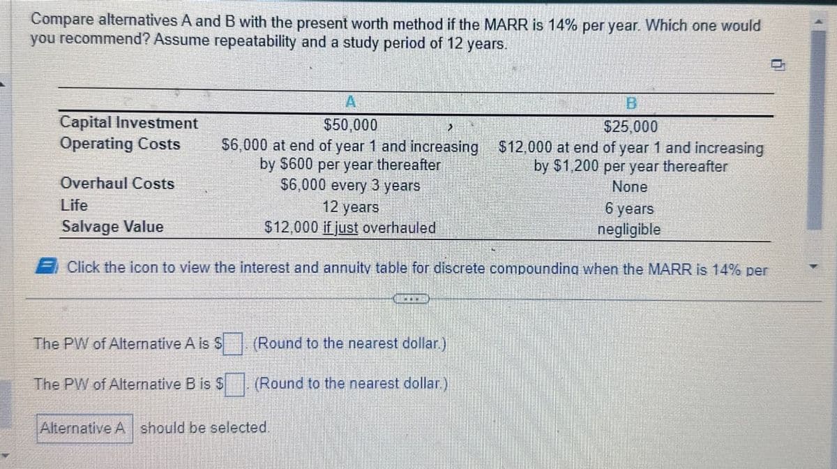 Compare alternatives A and B with the present worth method if the MARR is 14% per year. Which one would
you recommend? Assume repeatability and a study period of 12 years.
Capital Investment
Operating Costs
A
$50,000
$6,000 at end of year 1 and increasing
by $600 per year thereafter
Overhaul Costs
Life
Salvage Value
$6,000 every 3 years
12 years
$12,000 if just overhauled
B
$25,000
$12,000 at end of year 1 and increasing
by $1,200 per year thereafter
None
6 years
negligible
Click the icon to view the interest and annuity table for discrete compounding when the MARR is 14% per
The PW of Alternative A is S
(Round to the nearest dollar.)
The PW of Alternative B is $. (Round to the nearest dollar.)
Alternative A should be selected.
다.