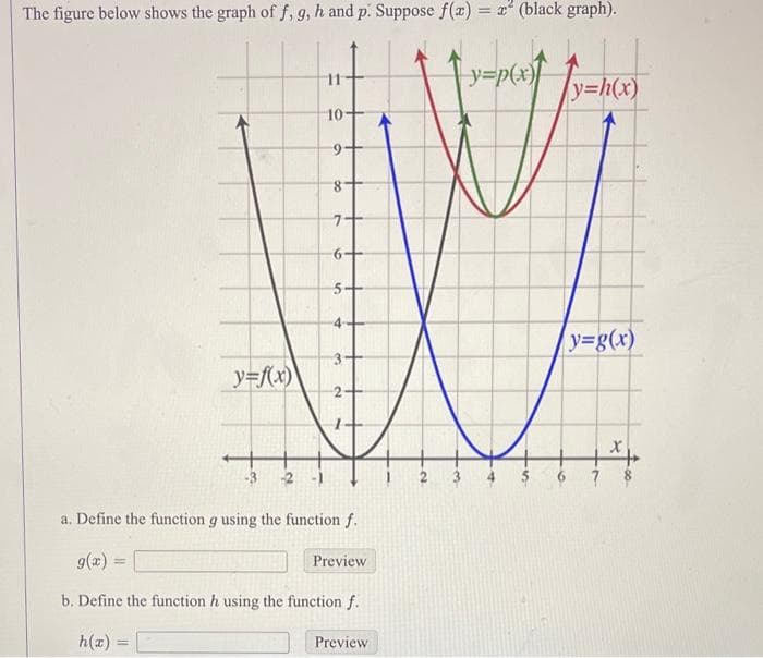 The figure below shows the graph of f, g, h and p. Suppose f(x) = x² (black graph).
y=f(x)
=
10+
9-
do
8
7+
6
5-
-4
3+
2-
a. Define the function g using the function f.
Preview
b. Define the function h using the function f.
h(x) =
Preview
_y=p(x)/
y=h(x)
y=g(x)