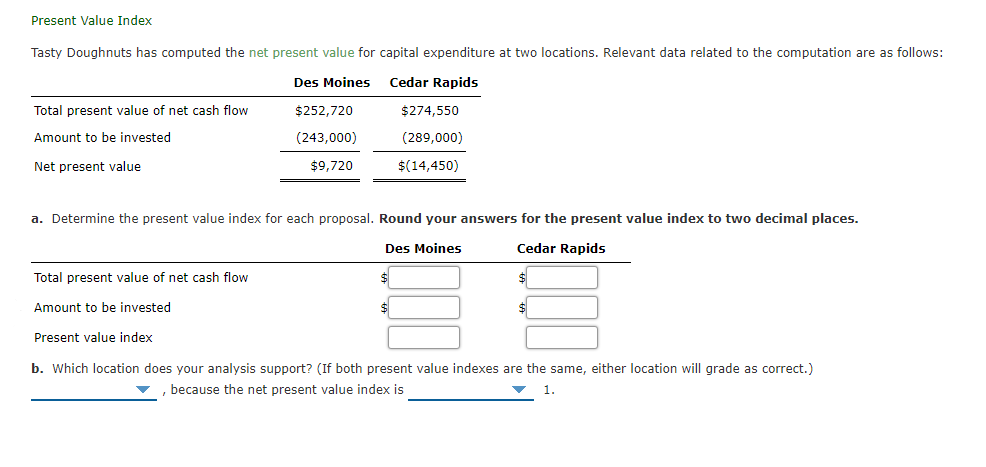 Present Value Index
Tasty Doughnuts has computed the net present value for capital expenditure at two locations. Relevant data related to the computation are as follows:
Des Moines
Cedar Rapids
Total present value of net cash flow
$252,720
$274,550
Amount to be invested
(243,000)
(289,000)
Net present value
$9,720
$(14,450)
a. Determine the present value index for each proposal. Round your answers for the present value index to two decimal places.
Des Moines
Cedar Rapids
Total present value of net cash flow
Amount to be invested
$
$
Present value index
b. Which location does your analysis support? (If both present value indexes are the same, either location will grade as correct.)
v, because the net present value index is
1.
