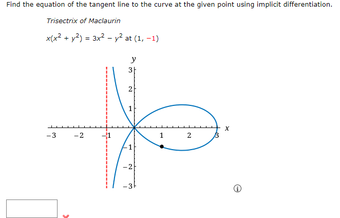 Find the equation of the tangent line to the curve at the given point using implicit differentiation.
Trisectrix of Maclaurin
x(x² + y²) = 3x² - y² at (1, -1)
- 3
-2
-1
y
3
2
1
-1
-2
-3
1 2
B
X