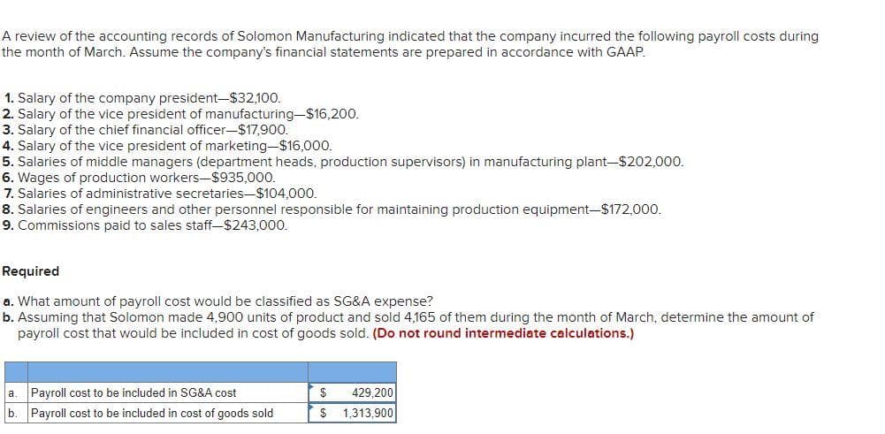 A review of the accounting records of Solomon Manufacturing indicated that the company incurred the following payroll costs during
the month of March. Assume the company's financial statements are prepared in accordance with GAAP.
1. Salary of the company president-$32,100.
2. Salary of the vice president of manufacturing-$16,200.
3. Salary of the chief financial officer-$17,900.
4. Salary of the vice president of marketing-$16,000.
5. Salaries of middle managers (department heads, production supervisors) in manufacturing plant-$202,000.
6. Wages of production workers-$935,000.
7. Salaries of administrative secretaries-$104,000.
8. Salaries of engineers and other personnel responsible for maintaining production equipment-$172,000.
9. Commissions paid to sales staff-$243,000.
Required
a. What amount of payroll cost would be classified as SG&A expense?
b. Assuming that Solomon made 4,900 units of product and sold 4,165 of them during the month of March, determine the amount of
payroll cost that would be included in cost of goods sold. (Do not round intermediate calculations.)
a.
Payroll cost to be included in SG&A cost
b. Payroll cost to be included in cost of goods sold
$
429,200
$ 1,313,900
