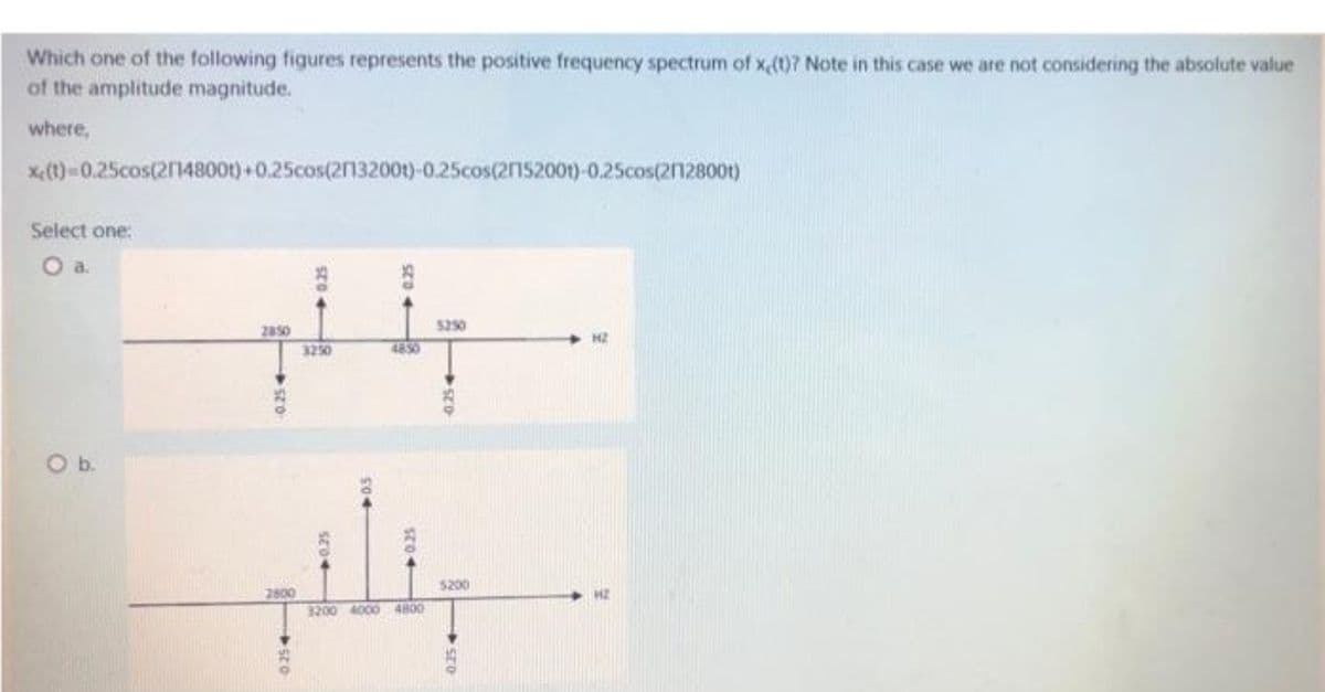 Which one of the following figures represents the positive frequency spectrum of x,1)7 Note in this case we are not considering the absolute value
of the amplitude magnitude.
where,
x,(t) =0.25cos(214800o1)+0.25cos(2132001)-0.25cos(2n5200)-0.25cos(2n2800)
Select one:
Oa.
5250
2850
H2
3250
4850
Ob.
S200
2800
HZ
9200 4000 4800
sto 4>
0.25
