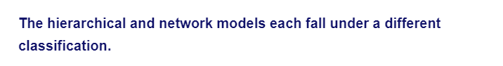 The hierarchical and network models each fall under a different
classification.