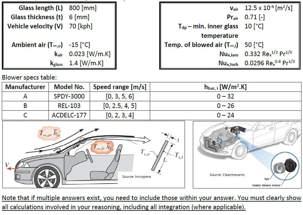 12.5 x 10-6 [m?/s]
Glass length (L) 800 [mm]
Glass thickness (t) 6 [mm]
Vehicle velocity (V) 70 [kph]
Vair
Prair 0.71 [-]
Tdp - min. inner glass 10 [°C]
temperature
Ambient air (T0,0) -15 [°C]
kair 0.023 [W/m.K]
Temp. of blowed air (Tooi) 50 [°C]
Nux,lam 0.332 Re,2 Pr/3
kglass 1.4 [W/m.K]
Nux, turb 0.0296 Re,0.8 Pr/3
Blower specs table:
hbar, i [W/m?.K]
0- 32
Manufacturer
Model No.
Speed range [m/s]
[0, 3, 5, 6]
[0, 2.5, 4, 5]
A
SPDY-3000
В
REL-103
0- 26
ACDELC-177
[О, 2, 3, 4]
0- 24
00,0
T5.0
Tsi
Source: Clearmecanic
Source: Incropera
fan
heater blower motor
Note that if multiple answers exist, you need to include those within your answer. You must clearly show
all calculations involved in your reasoning, including all integration (where applicable).
