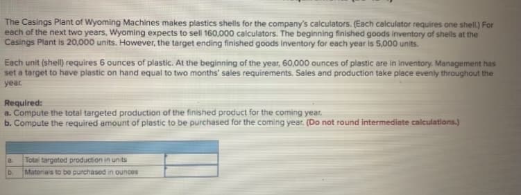 The Casings Plant of Wyoming Machines makes plastics shells for the company's calculators. (Each calculator requires one shell.) For
each of the next two years, Wyoming expects to sell 160,000 calculators. The beginning finished goods inventory of shells at the
Casings Plant is 20,000 units. However, the target ending finished goods inventory for each year is 5,000 units.
Each unit (shell) requires 6 ounces of plastic. At the beginning of the year, 60,000 ounces of plastic are in inventory. Management has
set a target to have plastic on hand equal to two months' sales requirements. Sales and production take place evenly throughout the
year.
Required:
a. Compute the total targeted production of the finished product for the coming year.
b. Compute the required amount of plastic to be purchased for the coming year. (Do not round intermediate calculations.)
a.
Total targeted production in units
b.
Materials to be purchased in ounces
