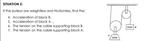 SITUATION 2:
If the pulleys are weightless and frictionless, find the:
4. Acceleration of block B.
5. Acceleration of block A.,
6. The tension on the cable supporting block B.
7. The tension on the cable supporting block A.
200NB
30ON
