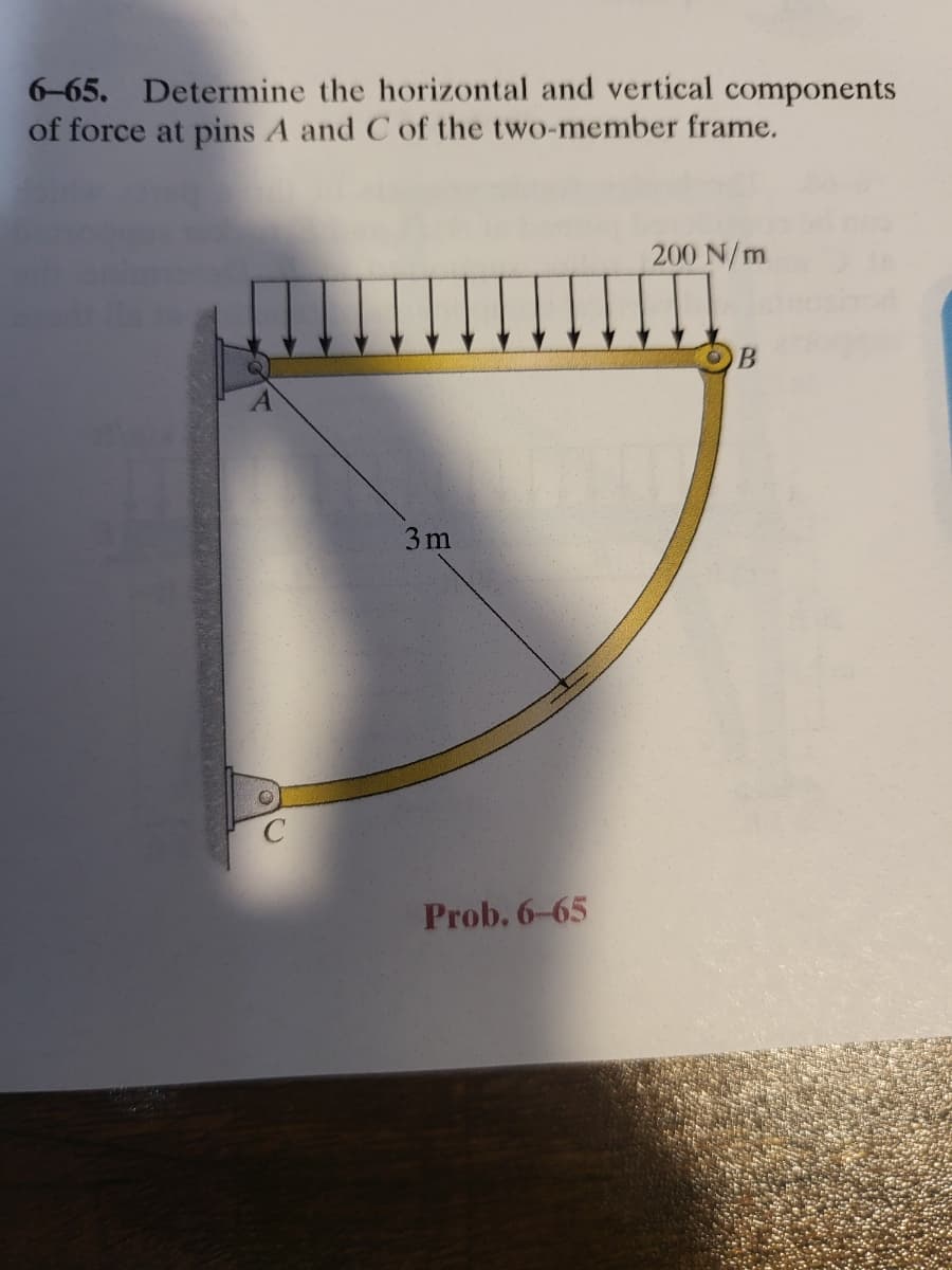 6-65. Determine the horizontal and vertical components
of force at pins A and C of the two-member frame.
C
3m
Prob. 6-65
200 N/m
B