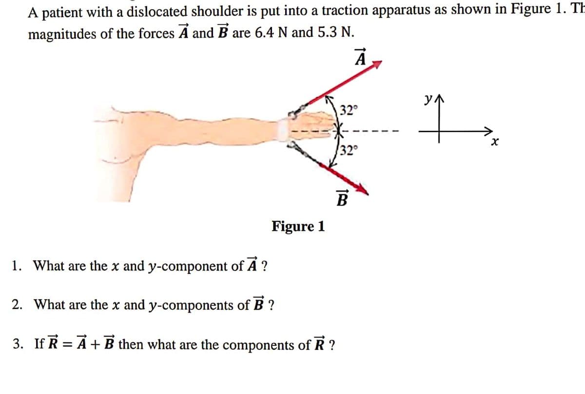 A patient with a dislocated shoulder is put into a traction apparatus as shown in Figure 1. TE
magnitudes of the forces A and B are 6.4 N and 5.3 N.
32°
32°
B
Figure 1
1. What are the x and y-component of A ?
2. What are the x and y-components of B ?
3. If R = A +B then what are the components of R ?
