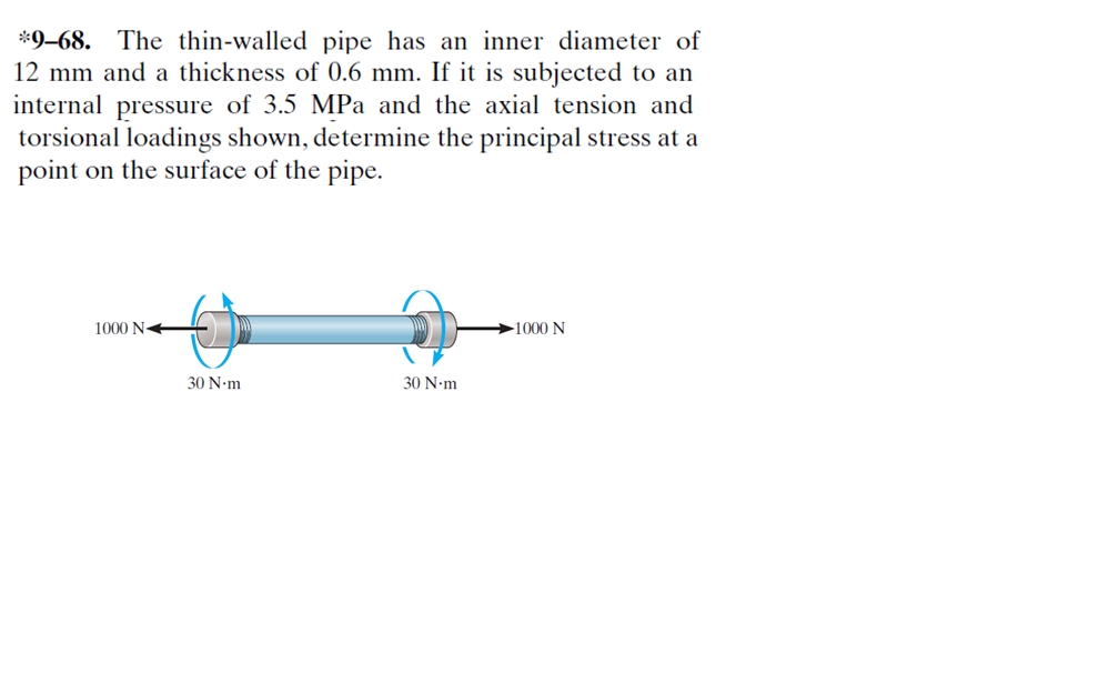 *9-68. The thin-walled pipe has an inner diameter of
12 mm and a thickness of 0.6 mm. If it is subjected to an
internal pressure of 3.5 MPa and the axial tension and
torsional loadings shown, determine the principal stress at a
point on the surface of the pipe.
1000 N
30 N-m
30 N-m
-1000 N