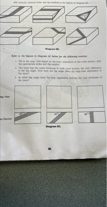 564
A
Diagram BB.
Refer to the figures in Diagram 8C below for the following exercise
1. Fill in the map view based on the layer orientation in the cross section. Add
the appropriate strike and dip symbol.
Map View
Add correctly oriented strike and dip symbols to the figures in Diagram 80
ss Section
2. The layer has the same thickness in each cross section, the only difference
is the dip angle. How does the dip angle affect the map-view expression of
the layer?
3. At what dip angle does the map expression indicate the true thickness of
the layer?
Diagram 8C.
95