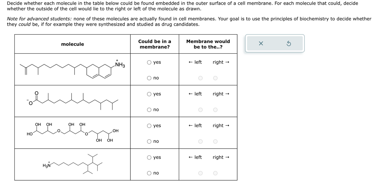 Decide whether each molecule in the table below could be found embedded in the outer surface of a cell membrane. For each molecule that could, decide
whether the outside of the cell would lie to the right or left of the molecule as drawn.
Note for advanced students: none of these molecules are actually found in cell membranes. Your goal is to use the principles of biochemistry to decide whether
they could be, if for example they were synthesized and studied as drug candidates.
molecule
ساة
H₂N
+
NH3
OH OH
OH
OH
No takey you
OH
HO
OH
OH
Could be in a
membrane?
yes
no
yes
no
yes
no
yes
no
Membrane would
be to the..?
+ left
← left
- left
← left
right
right
right
right
X
Ś
