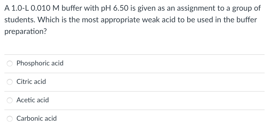 A 1.0-L 0.010 M buffer with pH 6.50 is given as an assignment to a group of
students. Which is the most appropriate weak acid to be used in the buffer
preparation?
Phosphoric acid
Citric acid
Acetic acid
Carbonic acid

