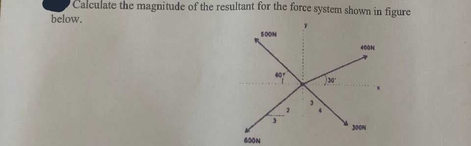 Calculate the magnitude of the resultant for the force system shown in figure
below.
600N
SOON
407
30'
400N
300N