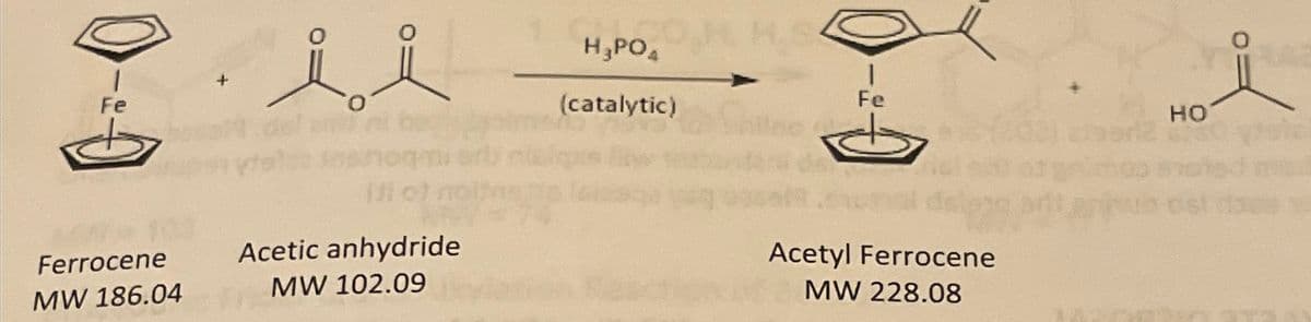 i i
H,PO HS.
Ferrocene
MW 186.04
Acetic anhydride
MW 102.09
(catalytic)
Fe
HO
Acetyl Ferrocene
MW 228.08