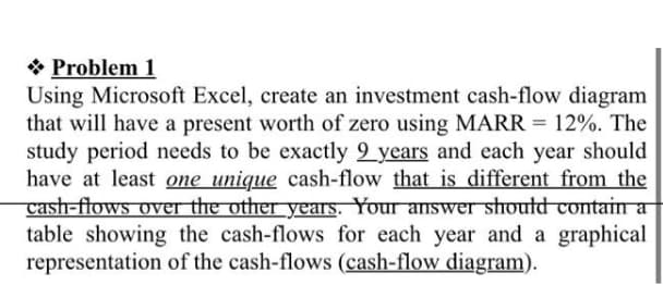 * Problem 1
Using Microsoft Excel, create an investment cash-flow diagram
that will have a present worth of zero using MARR = 12%. The
study period needs to be exactly 9 years and each year should
have at least one unique cash-flow that is different from the
cash-ftows over the other years. Your answer should containa
table showing the cash-flows for each year and a graphical
representation of the cash-flows (cash-flow diagram).
