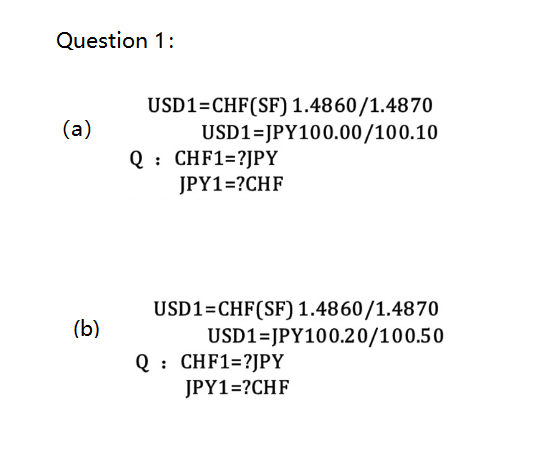 Question 1:
(a)
(b)
USD1=CHF (SF) 1.4860/1.4870
USD1 JPY100.00/100.10
Q: CHF1=?JPY
JPY1 =?CHF
USD1=CHF (SF) 1.4860/1.4870
USD1 JPY100.20/100.50
Q CHF1=?JPY
JPY1=?CHF