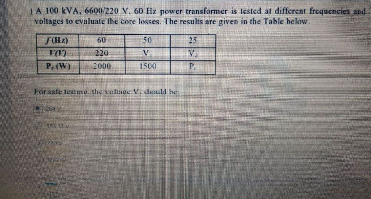 ) A 100 kVA, 6600/220 V, 60 Hz power transformer is tested at different frequencies and
voltages to evaluate the core losses. The results are given in the Table below.
f(Hz)
V(V)
Pe (W)
264 V
For safe testing, the voltage V. should be:
183.33 V
60
220
2000
220 V
50
V₁
1500
25
V₂
Pe
