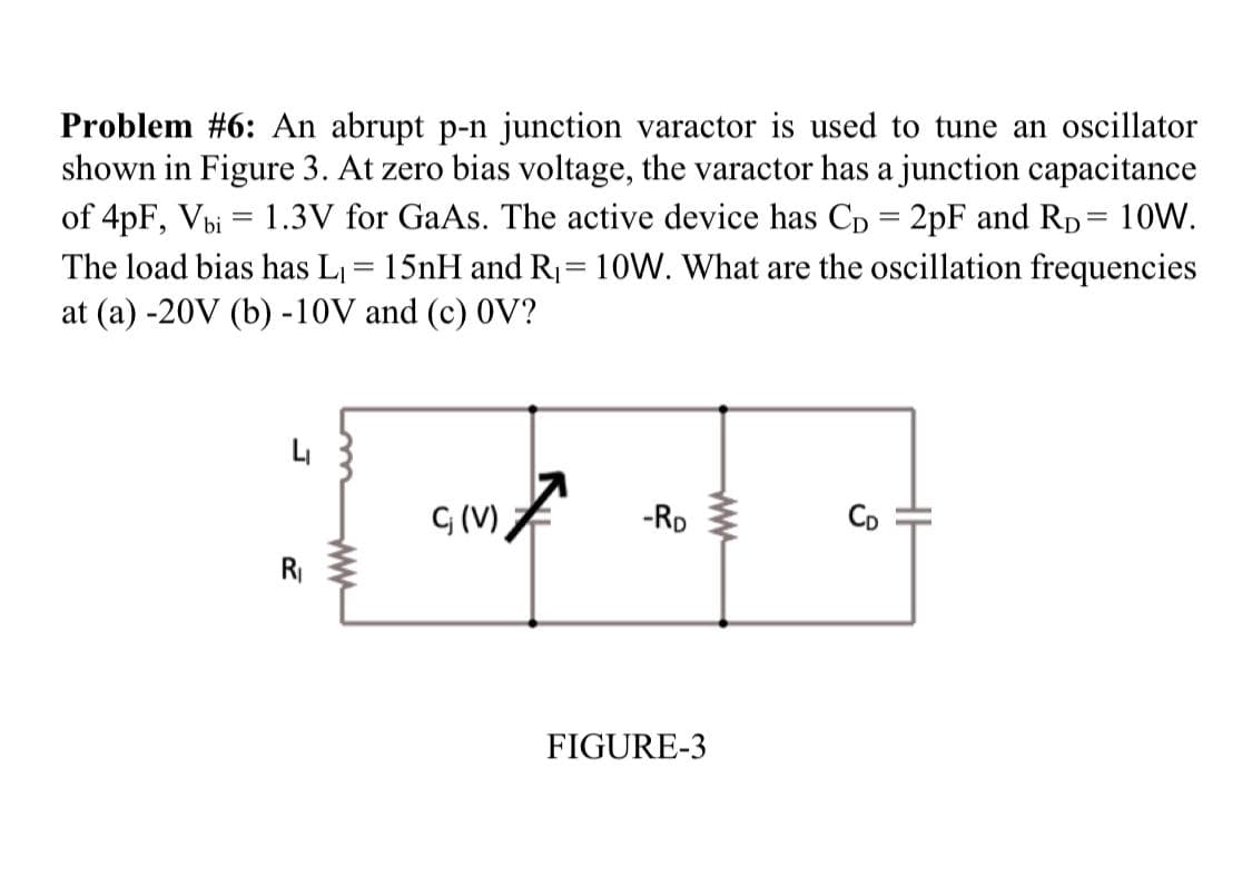 Problem #6: An abrupt p-n junction varactor is used to tune an oscillator
shown in Figure 3. At zero bias voltage, the varactor has a junction capacitance
of 4pF, Vbi 1.3V for GaAs. The active device has CD = 2pF and RD = 10W.
The load bias has L₁ = 15nH and R₁ = 10W. What are the oscillation frequencies
at (a) -20V (b) -10V and (c) OV?
=
L₁
R₁
C₁ (V)
-RD
FIGURE-3
www
CD