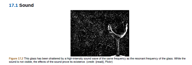 17.1 Sound
Figure 17.2 This glass has been shattered by a high-intensity sound wave of the same frequency as the resonant frequency of the glass. While the
sound is not visible, the effects of the sound prove its existence. (credit: ||read||, Flickr)
