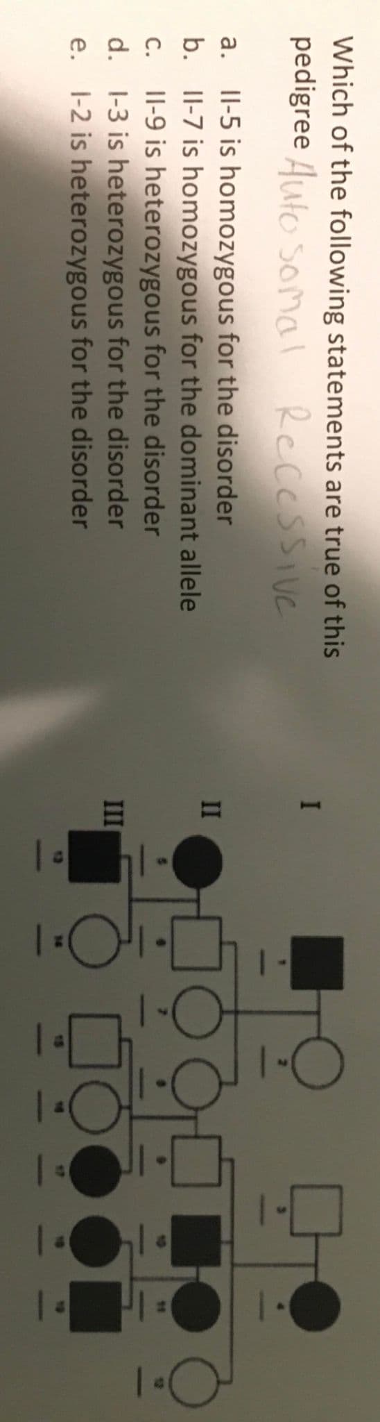 Which of the following statements are true of this
pedigree Auto Somal
Recessive
a.
II-5 is homozygous for the disorder
C.
b. 11-7 is homozygous for the dominant allele
II-9 is heterozygous for the disorder
1-3 is heterozygous for the disorder
1-2 is
heterozygous for the disorder
d.
e.
II
III