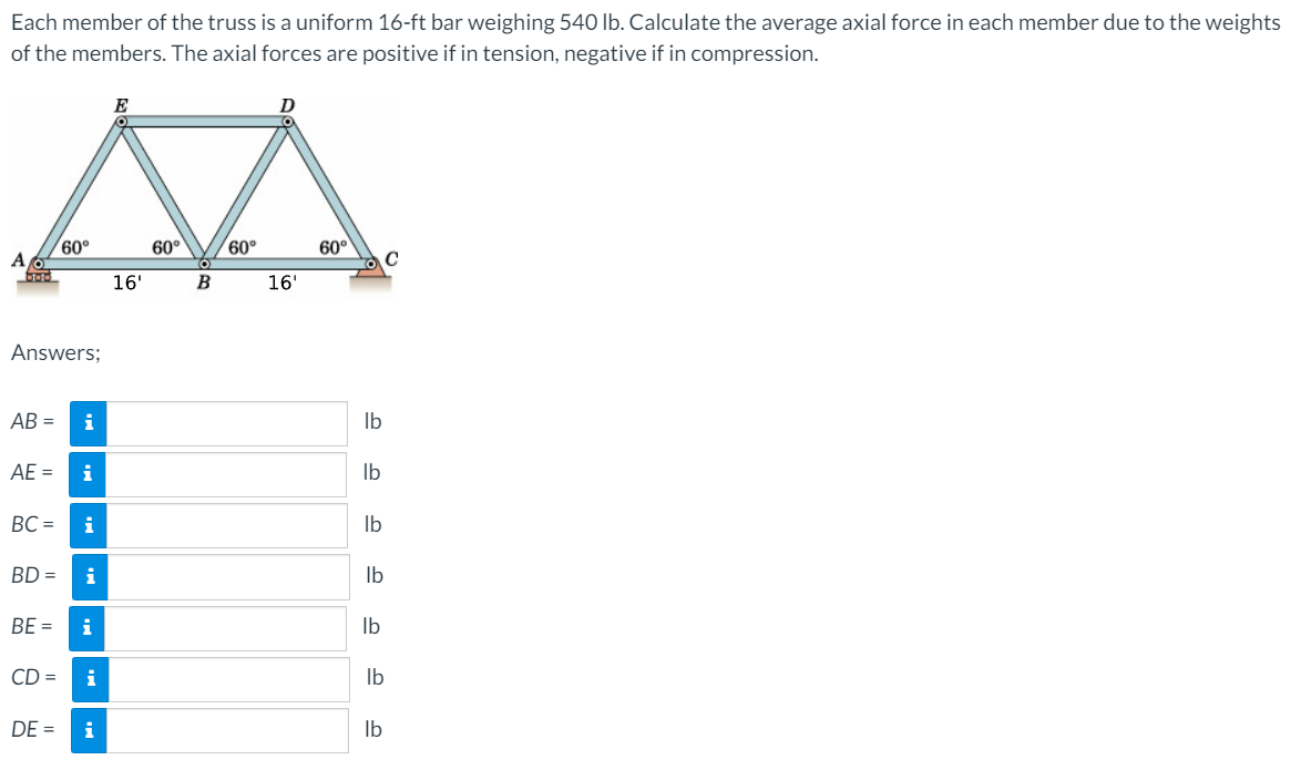 Each member of the truss is a uniform 16-ft bar weighing 540 lb. Calculate the average axial force in each member due to the weights
of the members. The axial forces are positive if in tension, negative if in compression.
60°
60°
60°
60°
A
16'
B
16'
Answers;
AB =
i
Ib
AE =
i
Ib
BC =
i
Ib
BD =
i
Ib
BE =
i
Ib
CD =
i
Ib
DE =
i
Ib
