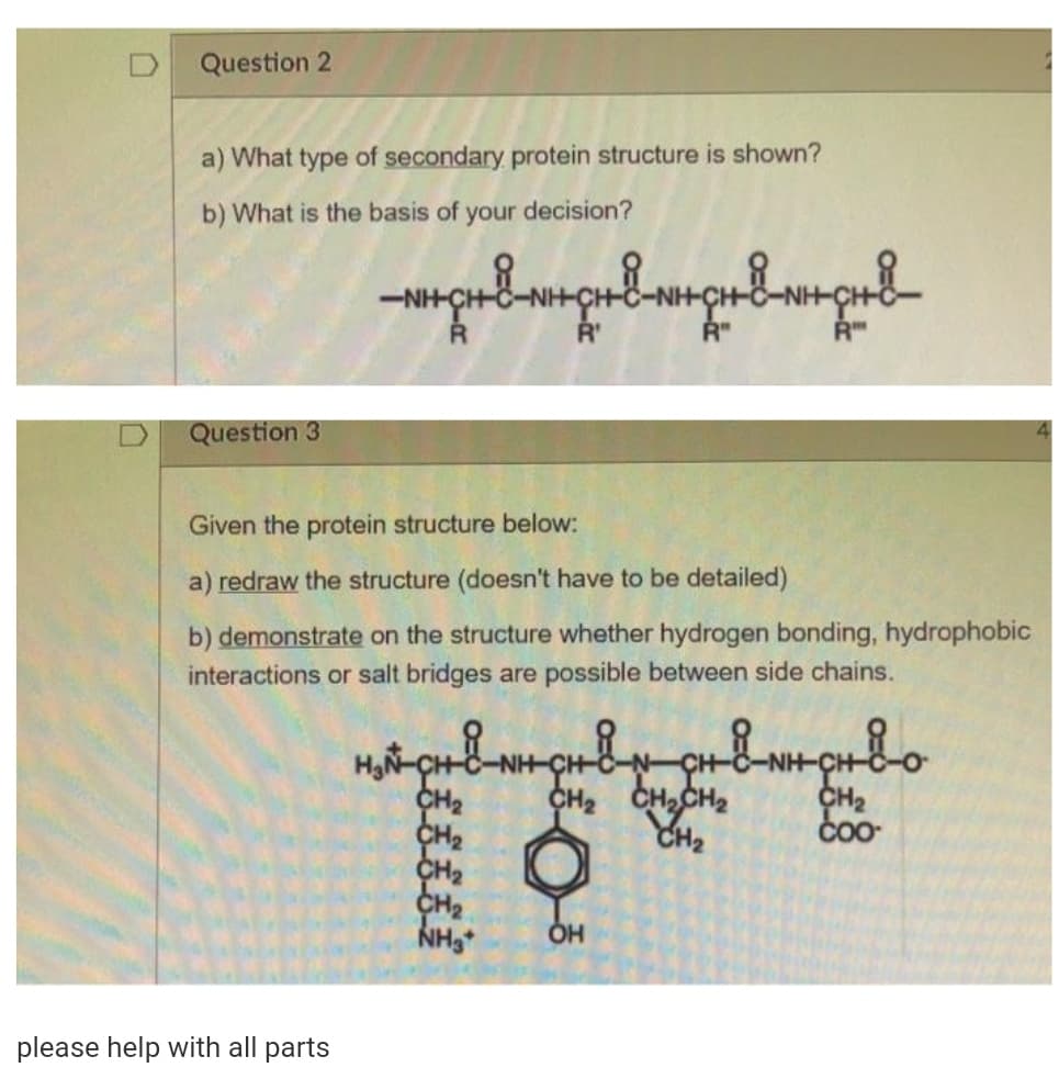 Question 2
a) What type of secondary protein structure is shown?
b) What is the basis of
your
decision?
Question 3
Given the protein structure below:
a) redraw the structure (doesn't have to be detailed)
b) demonstrate on the structure whether hydrogen bonding, hydrophobic
interactions or salt bridges are possible between side chains.
CH CH, CH2
CH2
please help with all parts
