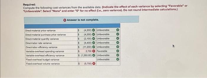 Required:
Compute the following cost variances from the available data. (Indicate the effect of each variance by selecting "Favorable" or
"Unfavorable". Select "None" and enter "0" for no effect (l.e., zero variance). Do not round Intermediate calculations.)
Direct-material price variance
Direct-material purchase price variance
Direct-material quantity variance
Direct-labor rate variance
Direct-labor efficiency variance
Variable-overhead spending variance
Variable-overhead efficiency variance
Fixed-overhead budget variance
Fixed-overhead volume variance
Answer is not complete.
$
Unfavorable
(4,200)
S (4,200) Unfavorable
S
(2,100) Unfavorable
$
(4,400) Unfavorable
$
(11,200)
Unfavorable
2,750
Favorable
Unfavorable
Unfavorable
$
$ (1,260.00)
$ (5,700)
00000000