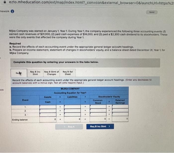 ezto.mheducation.com/ext/map/index.html?_con=con&external_browser=0&launch Url=https%25
mework i
ces
Mijka Company was started on January 1, Year 1. During Year 1, the company experienced the following three accounting events: (1)
earned cash revenues of $31,000, (2) paid cash expenses of $14,000, and (3) paid a $2,300 cash dividend to its stockholders. These
were the only events that affected the company during Year 1.
Required
a. Record the effects of each accounting event under the appropriate general ledger account headings.
b. Prepare an income statement, statement of changes in stockholders' equity, and a balance sheet dated December 31, Year 1, for
Mijka Company.
Complete this question by entering your answers in the tabs below.
Event
1.
2
Req B Inc
Stmt
Record the effects of each accounting event under the appropriate general ledger account headings. (Enter any decreases to
account balances with a minus sign. Not all cells require input.)
3.
Ending balance
Req 8 Stmt of
Changes
Assets
Cash
MIJKA COMPANY
Accounting Equation for Year!
Liabilities
0
Req B Bal
Sheet
a
a
<aq A
✦
+
Stockholders' Equity
Saved
Common
Stock
Req B Inc Stmt >
Retained
Earnings