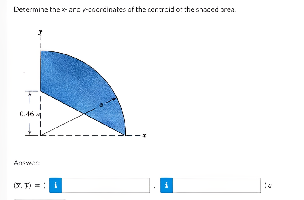 Determine the x- and y-coordinates of the centroid of the shaded area.
Y
1
0.46 al
IL
Answer:
(x, y) = (i
.
i
) a